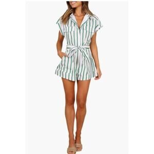 NEW! Petal & Pup 'Addie' Stripe Cotton Romper in WHITE/GREEN (L)